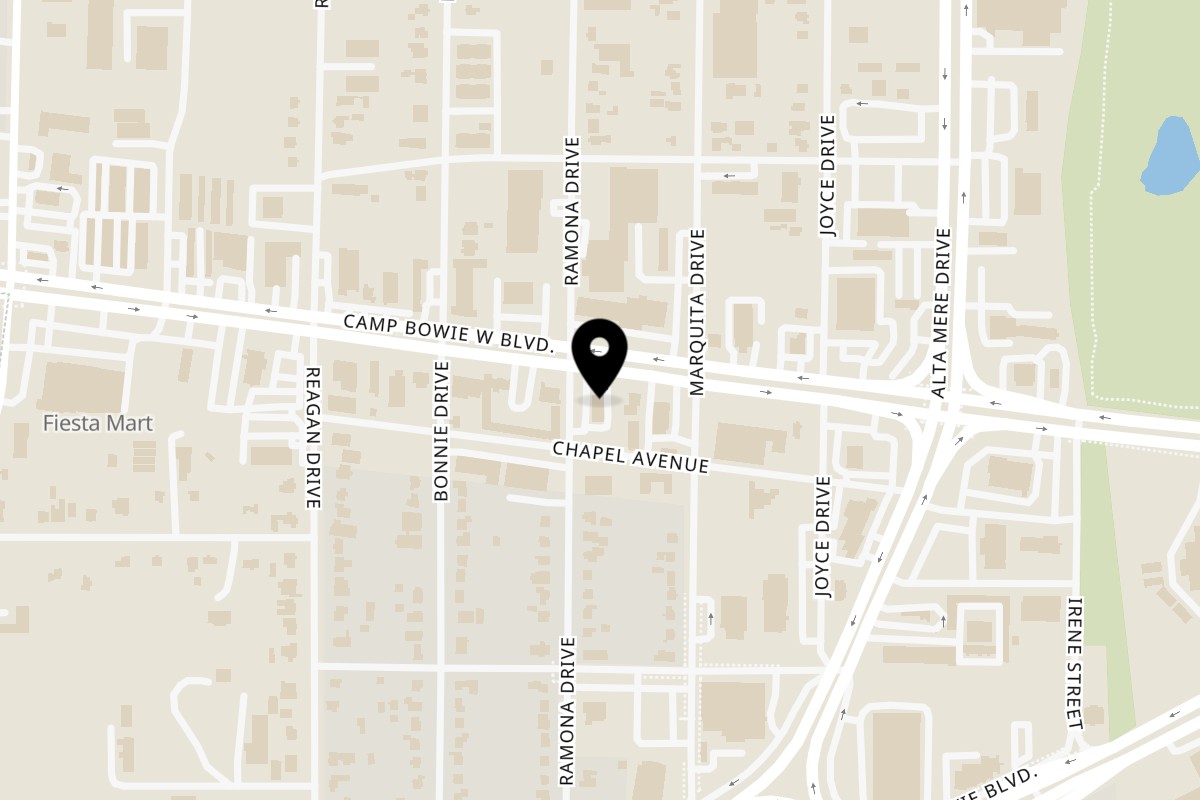 Map showing the location of Cancun Mexican Restaurant on 7419 Camp Bowie West Boulevard in Fort Worth